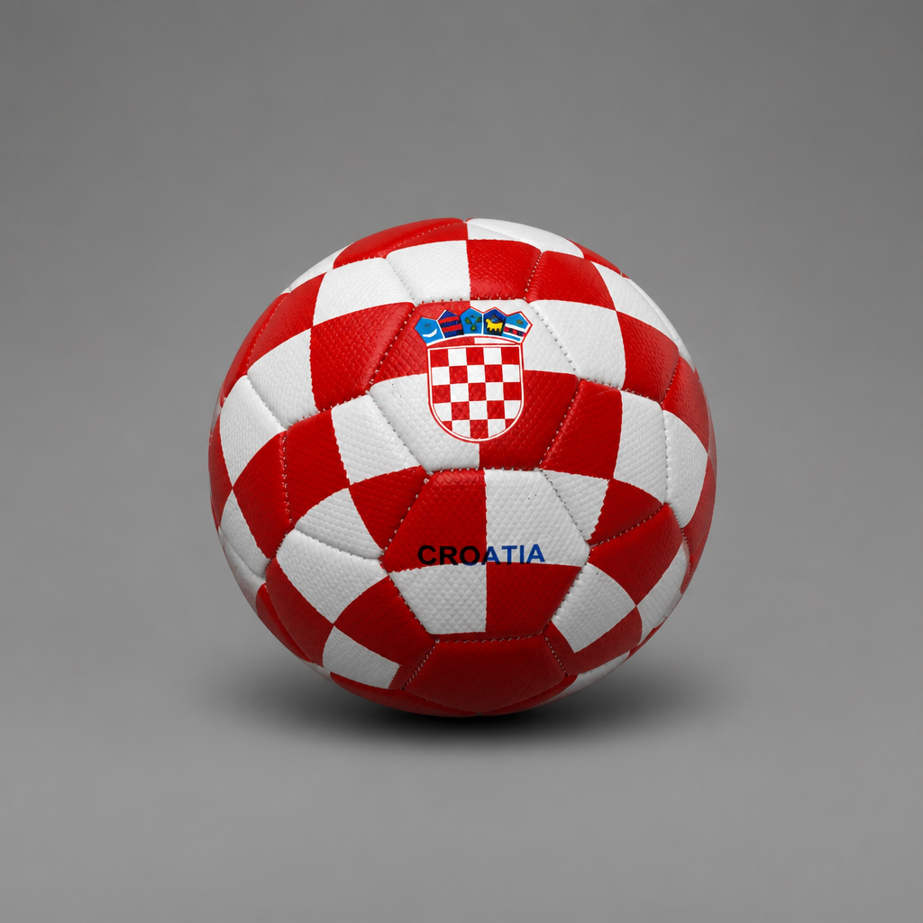 A red and white checkered soccer ball with the Croatian coat of arms and the word 'CROATIA' printed on it, photographed on a neutral gray background. Soccer Ball Croatia Checks (half size) shopncro