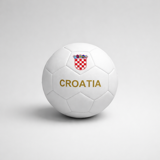 White soccer ball with Croatia text and emblem on a light gray background
