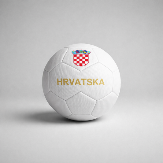 White soccer ball with Croatian emblem and 'HRVATSKA' text on a gray background
