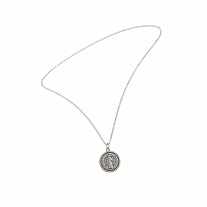 St. Benedict Medal | Pendant + Necklace or Pendant only A silver chain necklace with a round Saint Benedict medal pendant, displayed against a solid white background. shopncro