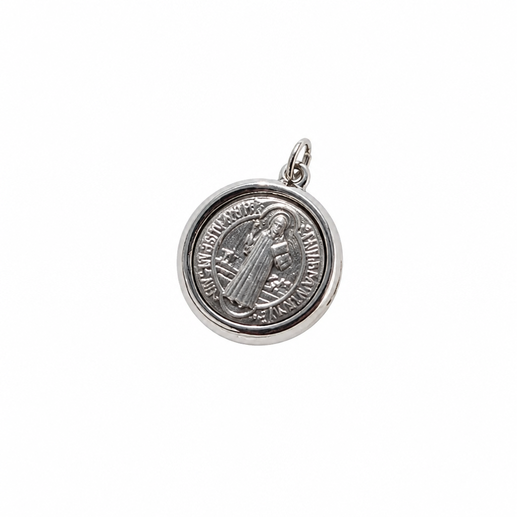 St. Benedict Medal | Pendant + Necklace or Pendant only A round silver Saint Benedict medal pendant with a detailed relief of the saint and surrounding inscription, shown on a plain white background.