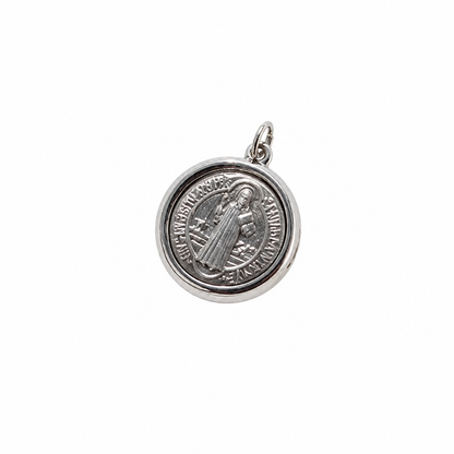 St. Benedict Medal | Pendant + Necklace or Pendant only A round silver Saint Benedict medal pendant with a detailed relief of the saint and surrounding inscription, shown on a plain white background.