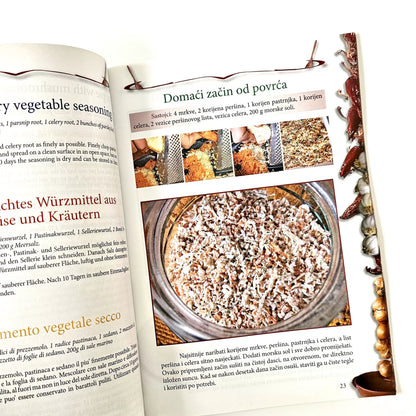 Stara Domaća Kuhinja | Croatian–English–Italian–German Cookbook (97 pages, Full Colour) Open cookbook showing a recipe for vegetable seasoning with images and text.