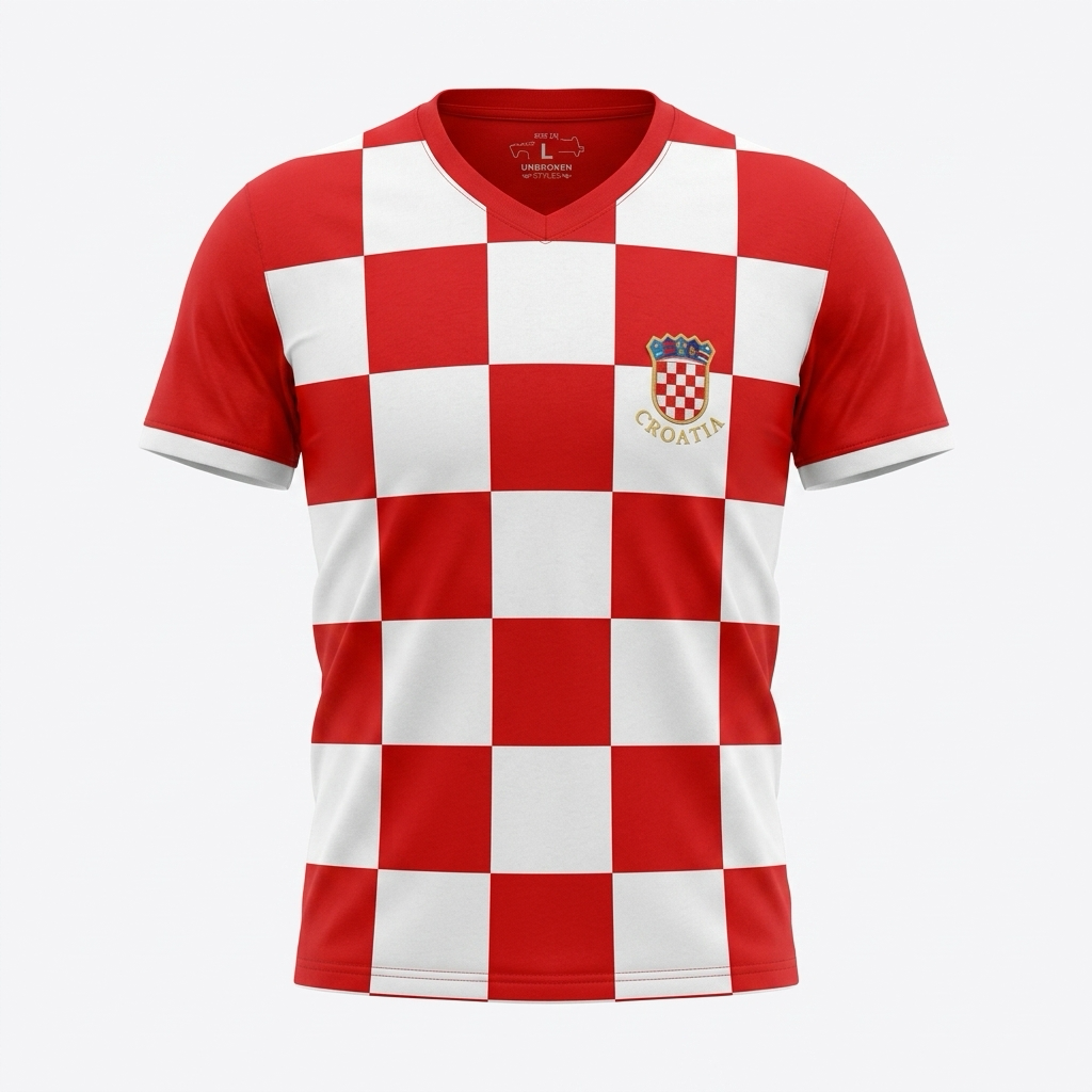 T-shirt Croatia Modrić 10 Red and white checkered shirt with Croatia emblem on a light gray background
