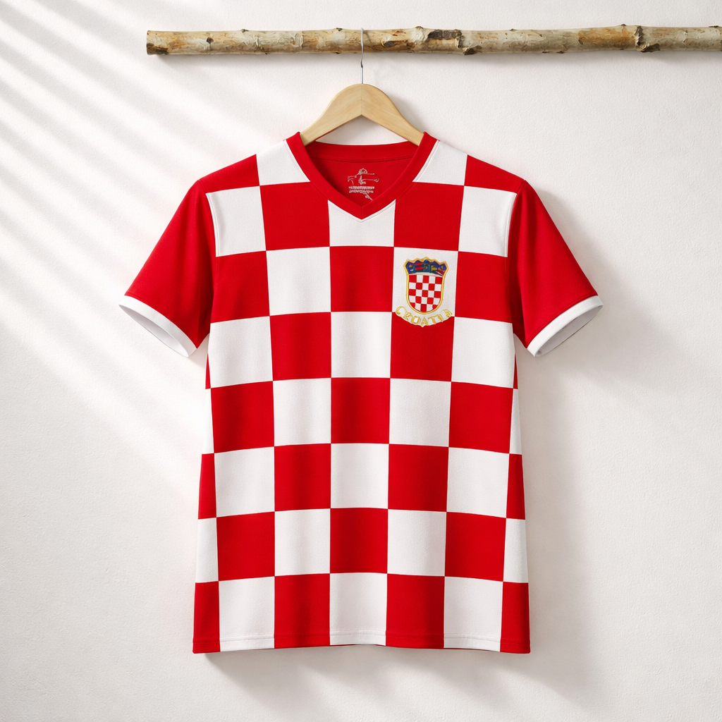 T-shirt Croatia Modrić 10a Red and white checkered shirt with a logo on a hanger against a white background