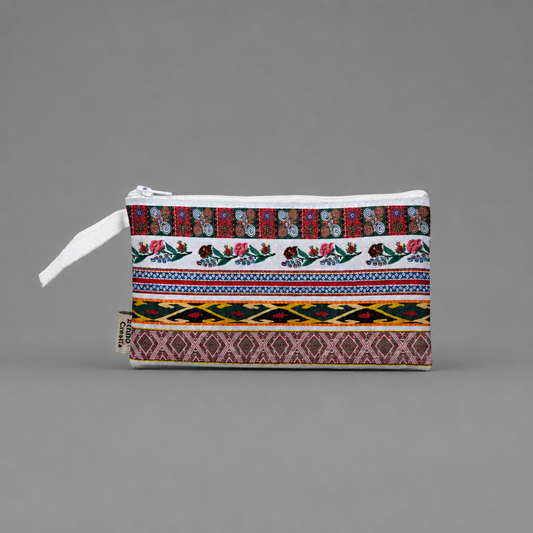 Toaletnu Torbica / Beauty Bag - Ethno Croatia Pouch with colorful patterns on a gray background