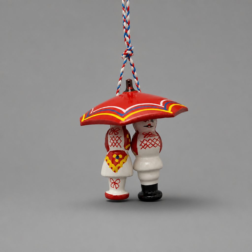 A traditional hand-painted wooden Ukrainian ornament depicting a couple under a red umbrella, suspended by a red, white, and blue braided cord against a neutral gray background. Traditional Couple Under Šestine Umbrella Ornament