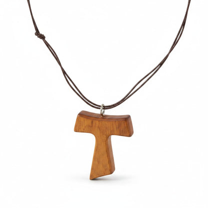 Traditional Međugorje Necklace (S) Wooden pendant on a brown cord against a white background