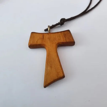 Traditional Međugorje Necklace (S) Wooden letter 'T' pendant on a white background