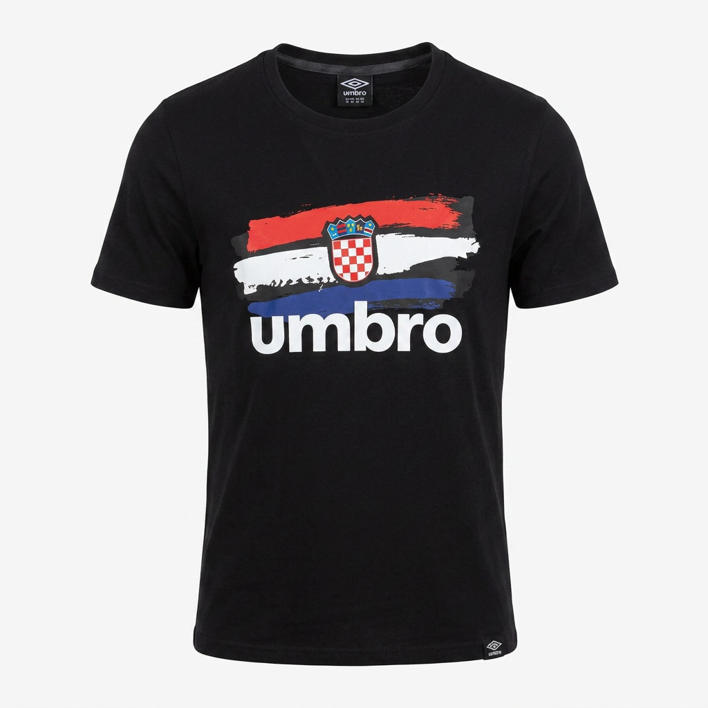A black short-sleeve crewneck t-shirt featuring a distressed Croatian flag graphic on the chest with the word 'umbro' printed in white below it, shown on a light gray background. Umbro Croatia T-shirt in black shopncro