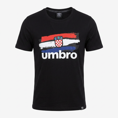 A black short-sleeve crewneck t-shirt featuring a distressed Croatian flag graphic on the chest with the word 'umbro' printed in white below it, shown on a light gray background. Umbro Croatia T-shirt in black shopncro