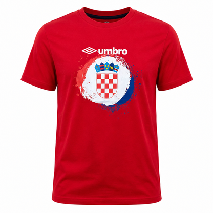 A red short-sleeve crewneck t-shirt featuring the white Umbro logo and a Croatian national team crest graphic on the front, set against a plain white background. Umbro Croatia T-shirt in red on shopncro