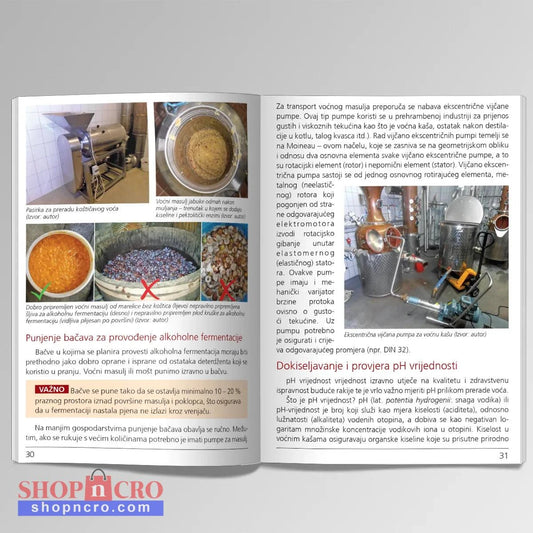 Voćne Rakije, Likeri i Travarice Open book showing pages with images and text on a gray background