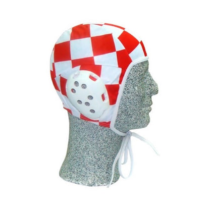 Croatian Water Polo Fan Hat A red and white checkered swim cap with a white ventilation vent and chin ties, displayed on a gray mannequin head against a white background. shopncro