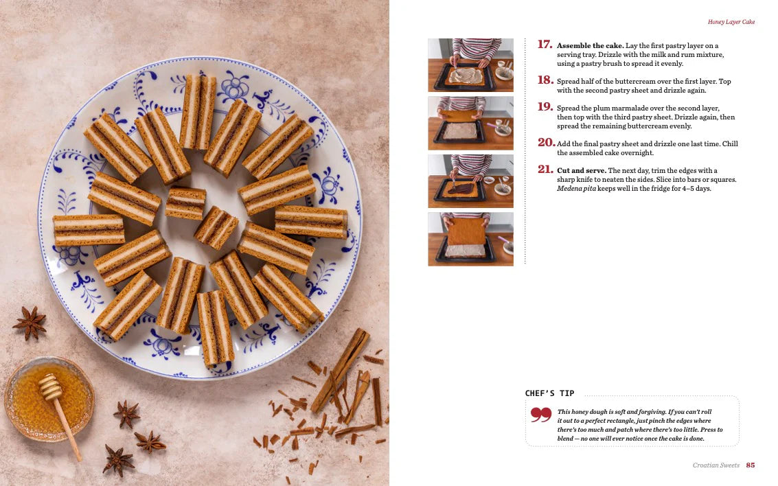 Croatian Sweets: Cookbook in English LanguagePlate of rolled dough with step-by-step recipe instructions on a beige background shopncro