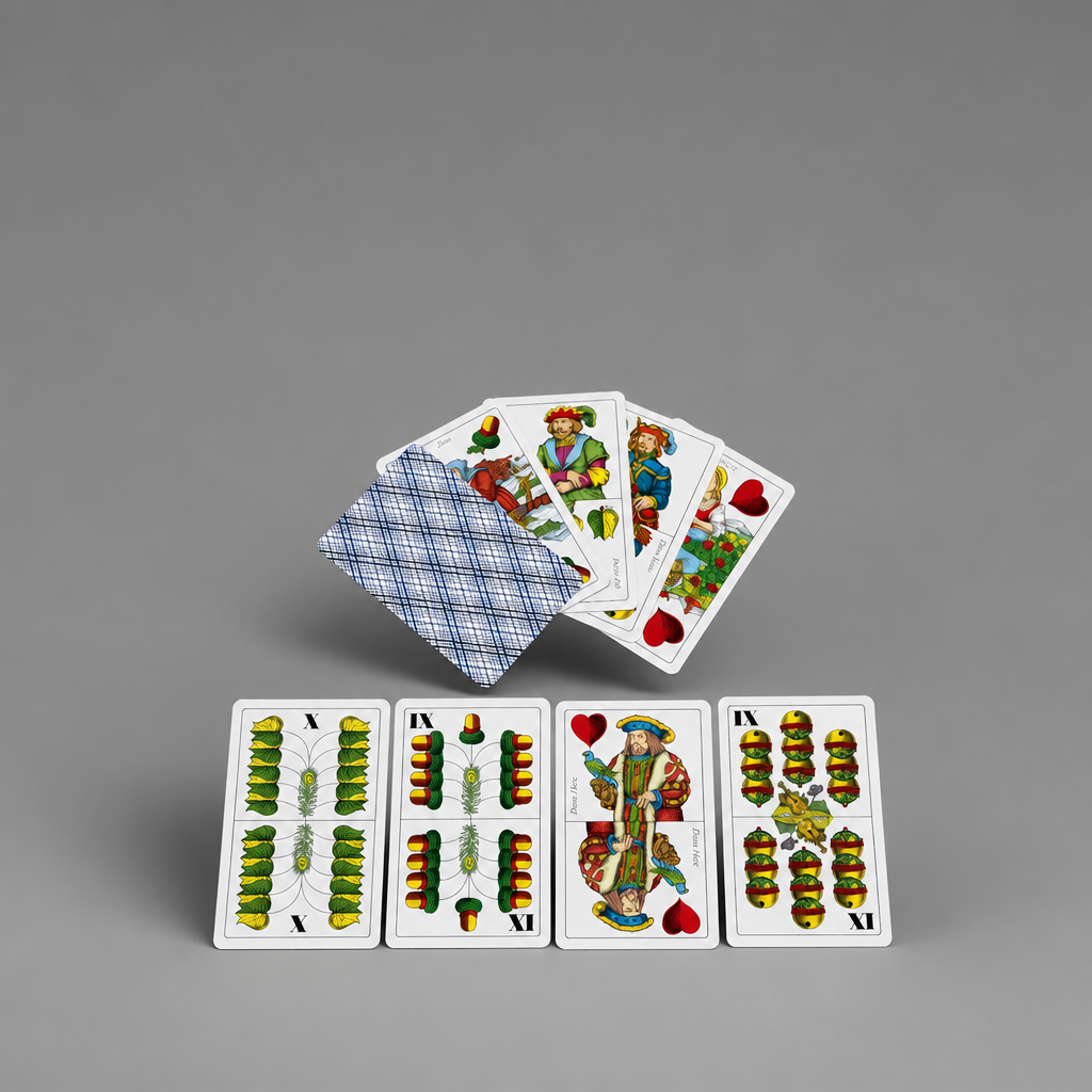 A set of illustrated playing cards arranged on a smooth gray studio background, with one card face-up showing a blue plaid back and several cards fanned above it to show colorful front faces. Croatia BELOT Playing Cards shopncro