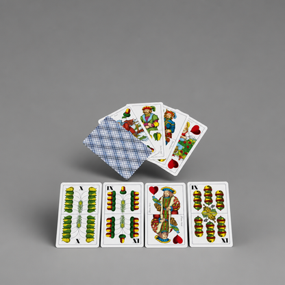 A set of illustrated playing cards arranged on a smooth gray studio background, with one card face-up showing a blue plaid back and several cards fanned above it to show colorful front faces. Croatia BELOT Playing Cards shopncro