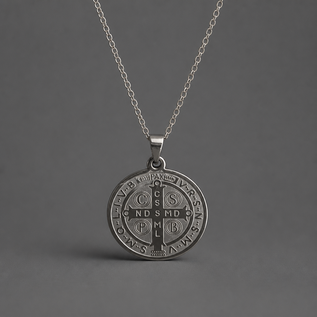 Croatian Medallion Necklace – St. Benedict Catholic Pendant A silver pendant necklace featuring an embossed circular Saint Benedict monogrammed cross pendant, suspended from a delicate silver chain against a dark gray background.