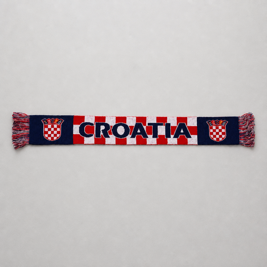 A horizontal knit scarf featuring the word 'CROATIA' in navy blue letters over a red and white checkered stripe pattern, flanked by navy blue sections with Croatian checkered emblems and fringed ends, displayed flat against a light gray background. Knitted Scarf Croatia / Hrvatska