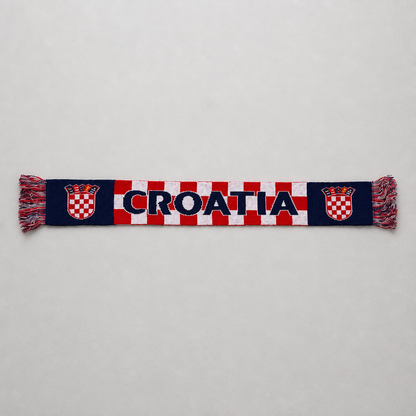 A horizontal knit scarf featuring the word 'CROATIA' in navy blue letters over a red and white checkered stripe pattern, flanked by navy blue sections with Croatian checkered emblems and fringed ends, displayed flat against a light gray background. Knitted Scarf Croatia / Hrvatska