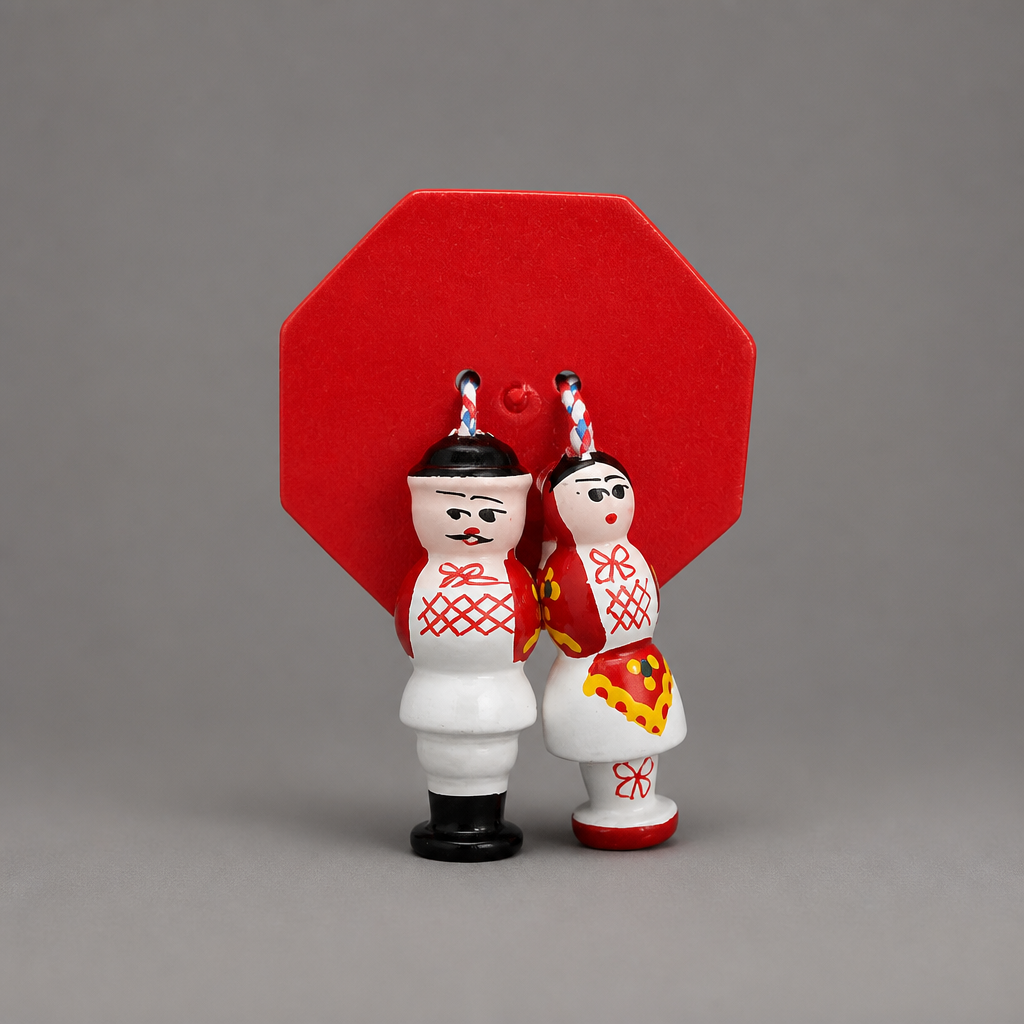 A pair of traditional Russian wooden Christmas ornaments shaped like a bride and groom, standing in front of a red octagonal backdrop. The groom figure wears a white robe with a red lattice pattern and black shoes, while the bride figure wears a red and yellow dress. Traditional Couple Under Šestine Umbrella Ornament