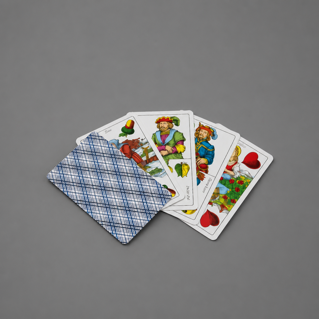 A set of illustrated playing cards fanned out on a smooth gray surface, with one card showing a blue and white plaid back design. snc shopncro Croatia BELOT Playing Cards