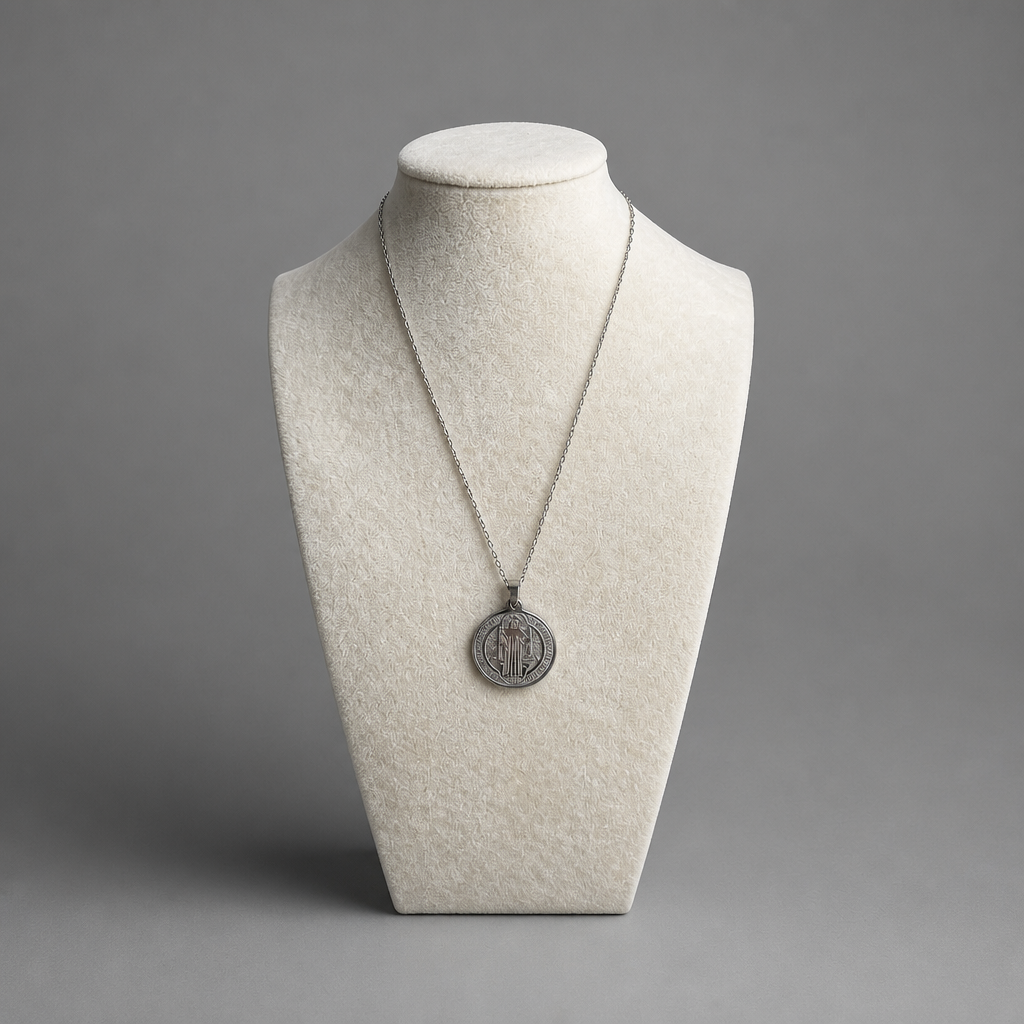 Croatian Medallion Necklace – St. Benedict Catholic Pendant A silver pendant necklace displayed on a textured off-white jewelry bust against a neutral gray background. The pendant is circular with an engraved design.