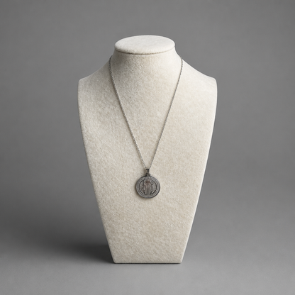 Croatian Medallion Necklace – St. Benedict Catholic Pendant A silver pendant necklace displayed on a textured off-white jewelry bust against a neutral gray background. The pendant is circular with an engraved design.