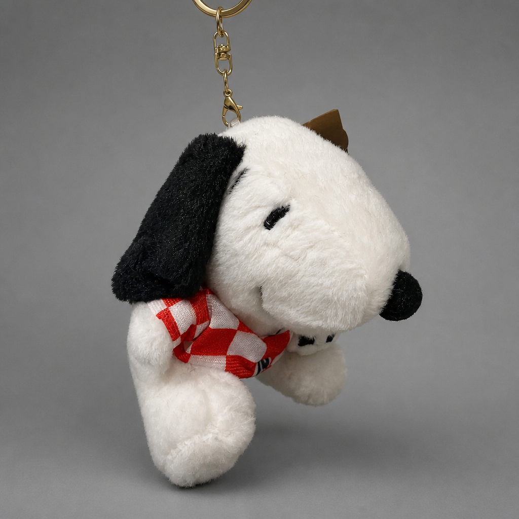 A plush Snoopy keychain charm featuring the character in a white and black color scheme, wearing a red and white checkered scarf, suspended from a gold metal key ring against a neutral gray background. Singing Croatian Fan Puppy – Hanging Plush Toy